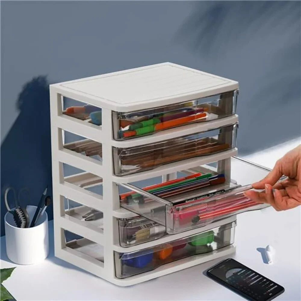 Small Plastic Desktop Storage Organizer with 5 Clear Drawers for Office Crafts